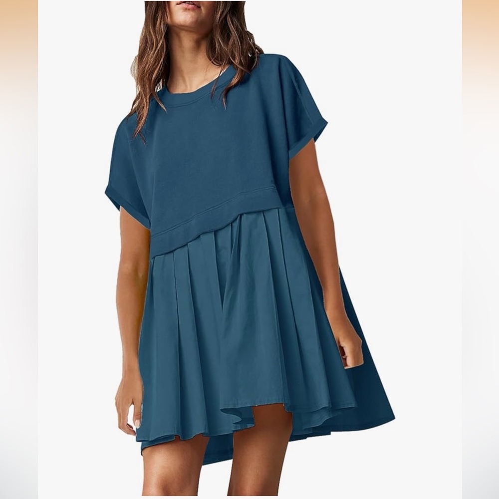 SAUKOLE Womens Summer Crew Neck Short Sleeve Dress Patchwork Pleated A Line